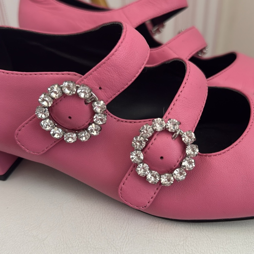 Charles & Keith Pink and Black Mary Jane Flats with Rhinestone Buckles - Picture 3 of 5